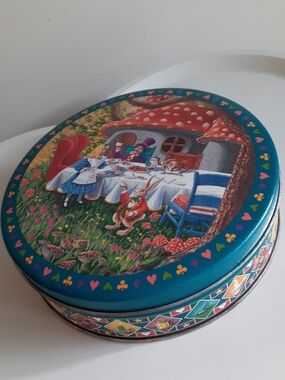*3 for $20 deal* Alice in Wonderland Illustrated Cookie Tin - Teal Accent
